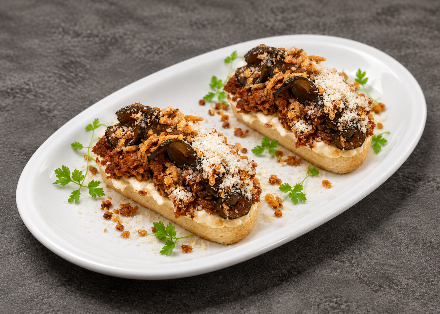 Брускетты с мясом, медовыми огурцами и чили